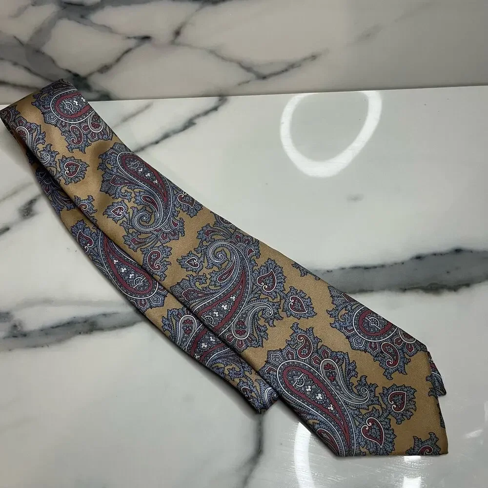 Liberty of London Men's Gold Blue Paisley Classic Length 100% Silk Tie Luxury